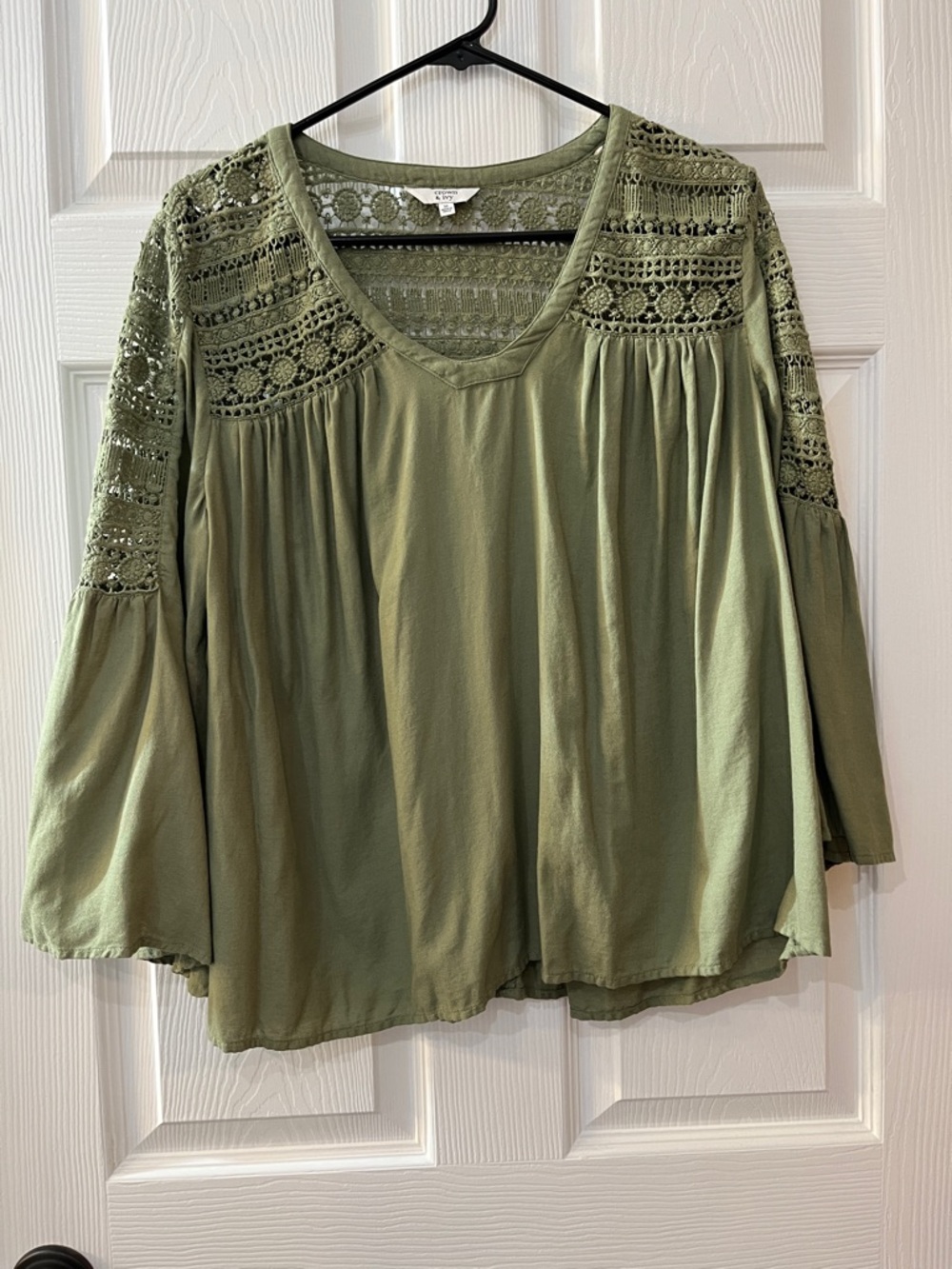crown & ivy Olive Green Crochet Yoke Blouse